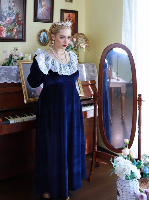 Gothiv Navy Victorian style Dress with Lace Ruffled Collar and Long Sleeves – Gothic Victorian Dress - Velvet Dress Plus Size